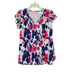 Shein Curve Navy & Pink Floral Ruffle Sleeve Blouse Size 1XL